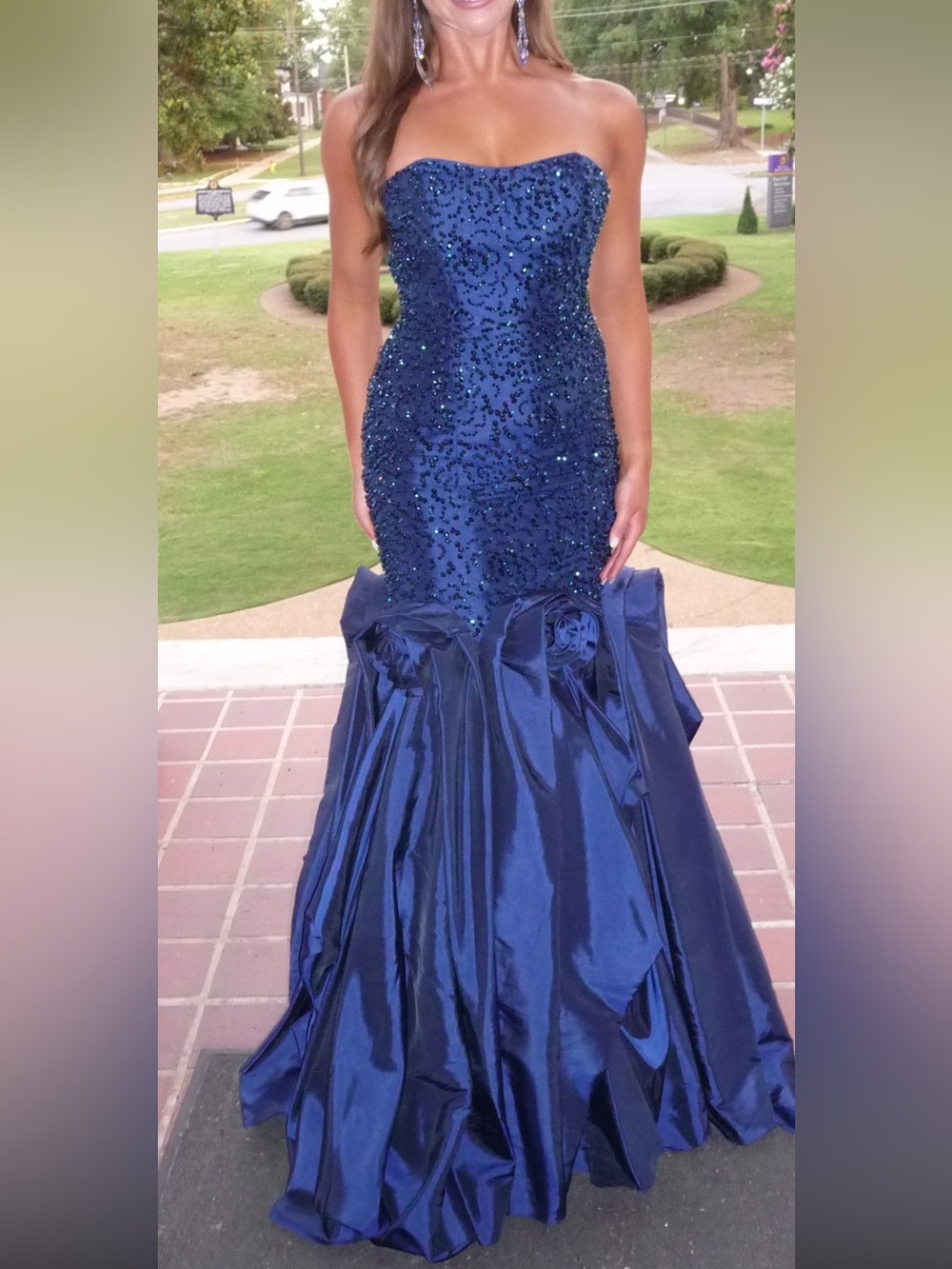 Sherri Hill Strapless Navy Sequin Mermaid Gown
